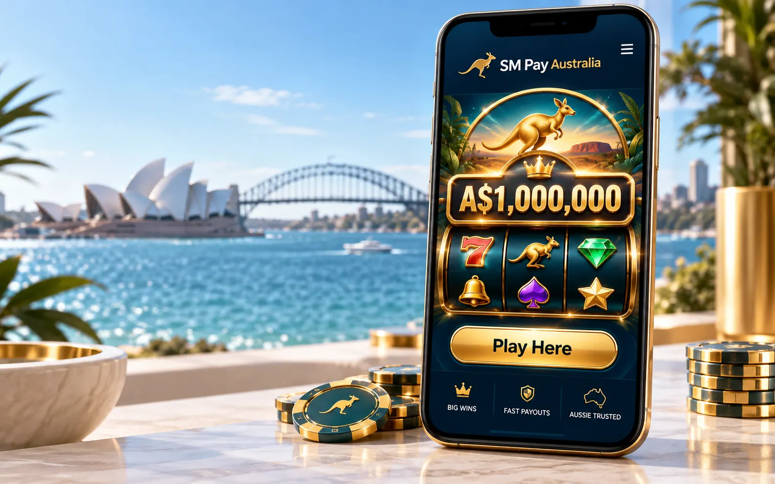 SM Pay Australia mobile casino interface with A$1,000,000 jackpot slot preview